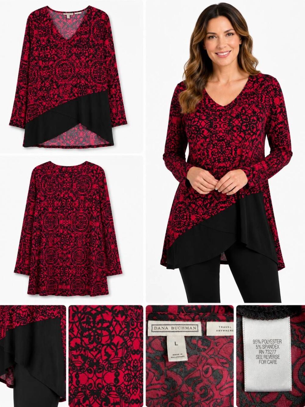 Dana Buchman Red Black Floral Asymmetrical Long Sleeve Top L